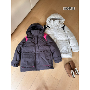 J63中长款撞色连帽羽绒服女冬保暖白鸭绒大版宽松工装派克服外套