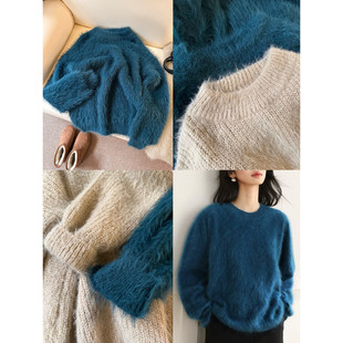 H49水貂绒圆领套头毛衣女拉毛冬季 上衣 外穿慵懒风内搭加厚针织衫