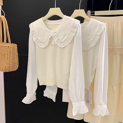 Q2娃娃领衬衫女小个子春新款学院风内搭法式长袖拼接针织短款上衣