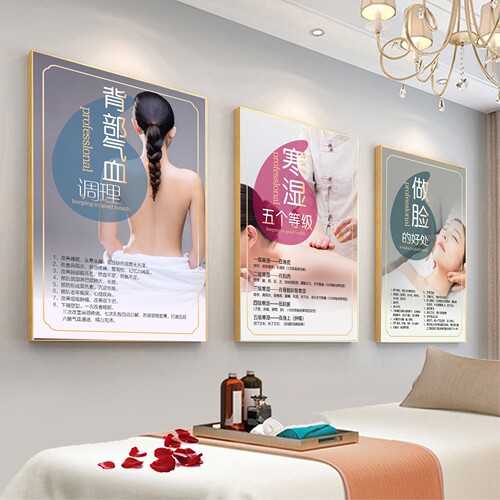 高端美容院养生装饰画挂画人体经络艾灸刮痧肩颈背部保养海报kt板