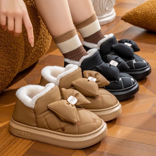外穿蝴蝶结保暖防滑棉拖鞋女款