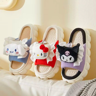 三丽鸥玉桂狗亚麻拖鞋女室内居家居棉麻布家用外穿吸汗踩屎感厚底