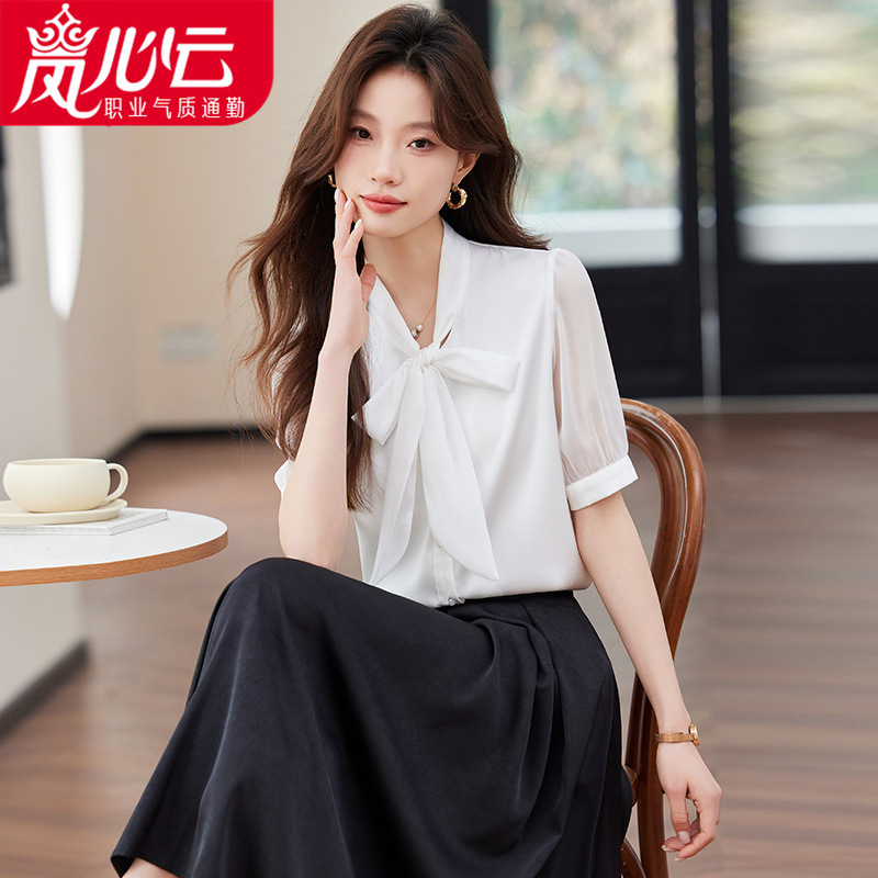 白衬衫职业套装女装2025新款夏季薄款蝴蝶结气质通勤衬衣接待3579