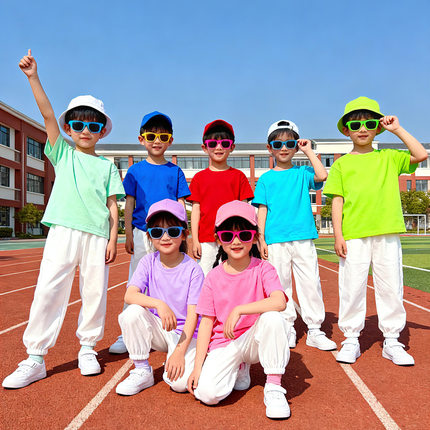 多巴胺儿童演出服糖果色短袖套装幼儿园小学生班服运动会表演服
