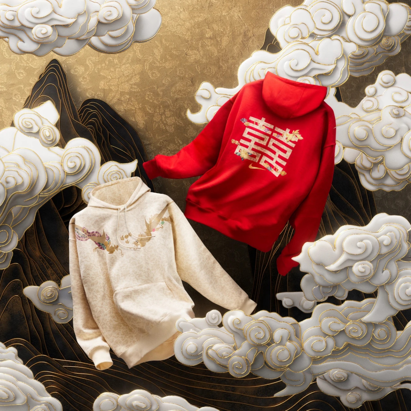Nike Sportswear CNY 新年双喜喜龙袍连帽长袖卫衣大学红椰奶色