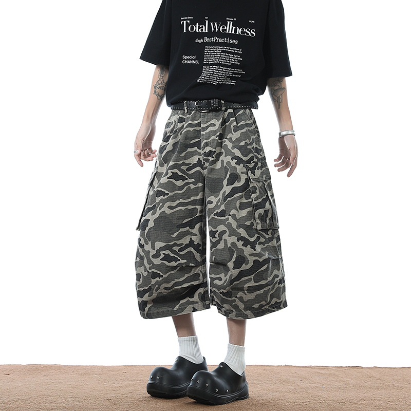 夏季美式短裤潮牌宽松休闲设计感弯刀七分裤A210A-9055-P55，男装牛仔裤，电商A210A