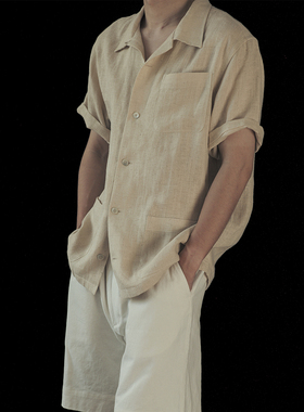 VALLEE 汉麻桑蚕丝混纺面料 古巴领多口袋复古短袖衬衫 VE087