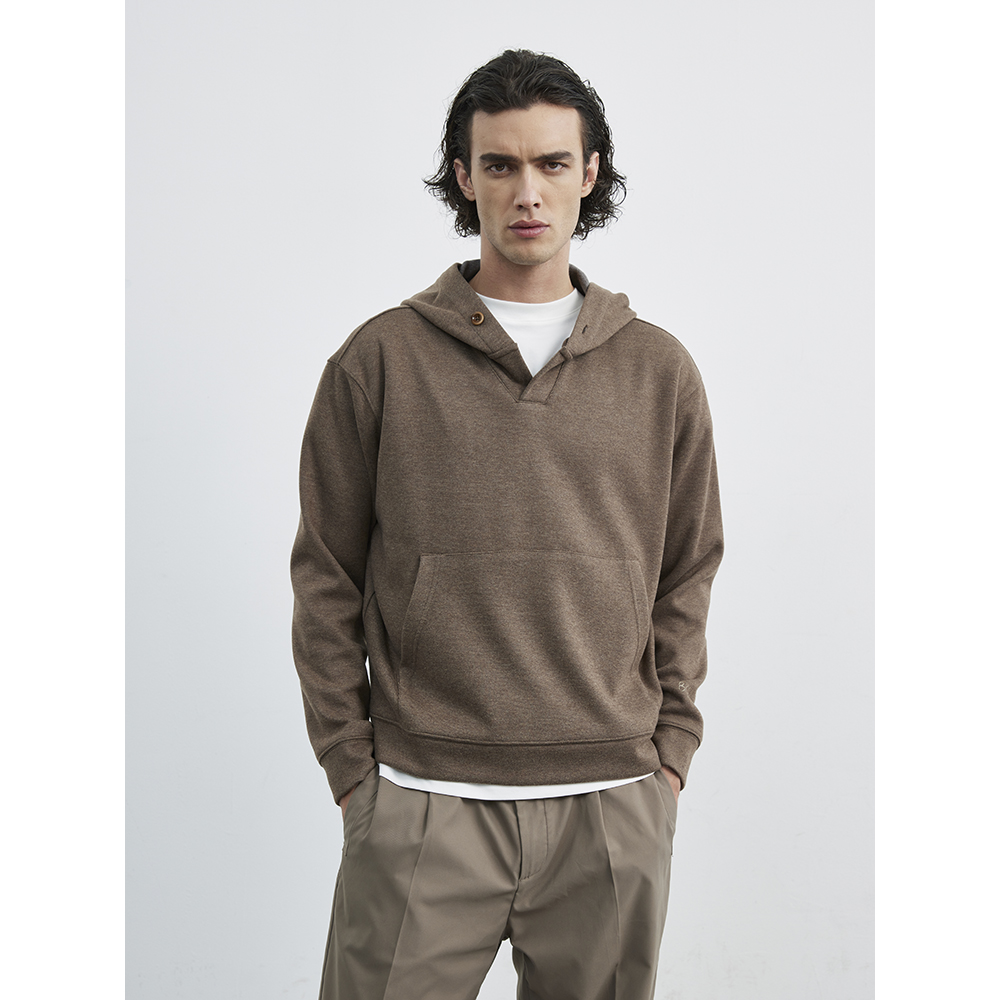 BURCS秋冬宽舒高领连帽卫衣 摩卡色牛津纺提花针织套头衫