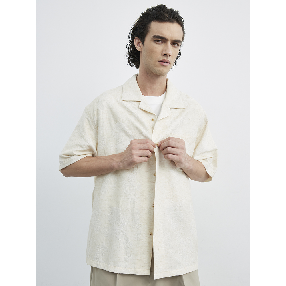 BURCS度假风亚麻衬衫男夏季薄款古巴领短袖上衣宽松休闲