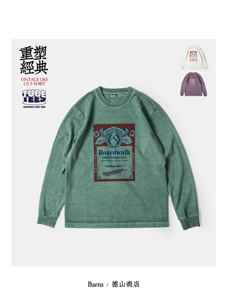 BARNS 复古美式主题 美棉筒织碧纹染 玩味印花长袖T恤 BR-23411