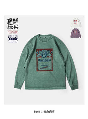 BARNS 复古美式主题 美棉筒织碧纹染 玩味印花长袖T恤 BR-23411