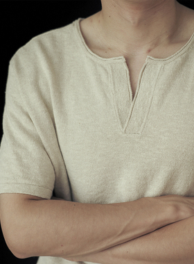 VALLEE 法式复古棉麻混纺亨利领针织短袖重磅T恤 VE085