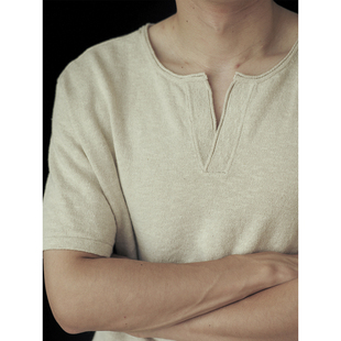 VALLEE 法式复古棉麻混纺亨利领针织短袖重磅T恤 VE085