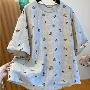 老钱风碎花亚麻半袖 宽松短袖 T恤衬衫 夏季 上衣 女装 胖妹妹200斤大码