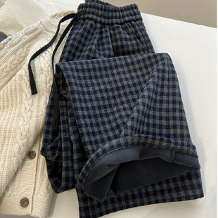 子 女秋冬松紧腰直筒高腰裤 胖MM大码 240斤格子加绒加厚休闲阔腿裤