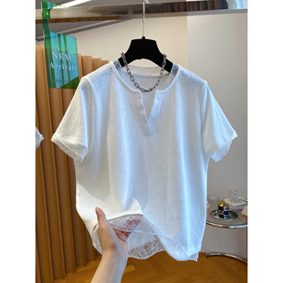特大码300斤设计感小众蕾丝拼接短袖t恤女夏季胖mm又a又飒上衣服