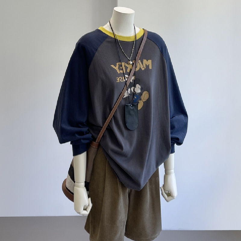 韩国东大门200斤大码卡通米奇插肩长袖上衣女秋季百搭T恤打底衫潮