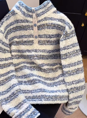 胖mm240斤大码韩系半高领蓝色条纹圈圈羊羔绒卫衣女秋冬宽松上衣