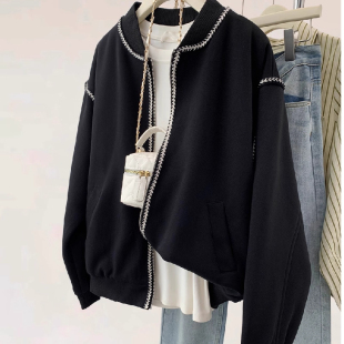 显瘦上衣 外套女黑色棒球服春秋新款 胖妹妹特大码 300斤小香风开衫