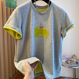 宽松T恤衫 胖妹妹200斤大码 上衣女夏季 卡通刺绣北极熊撞色短袖 美式