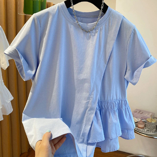 胖妹妹200斤大码别致不规则设计感收腰短袖衬衫女夏宽松显瘦上衣