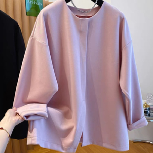 胖MM大码240斤后背纽扣纯色开叉薄款卫衣女春秋季宽松大版外套衫