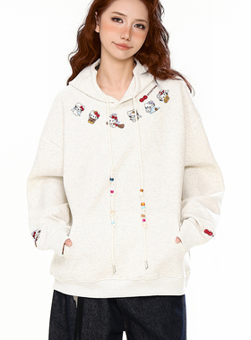 灰色kitty猫刺绣连帽卫衣女2025新款秋季宽松韩系chic慵懒风外套