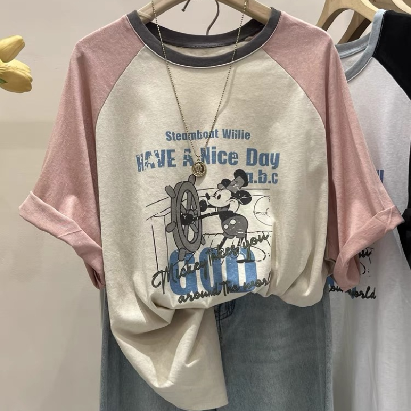 韩国东大门240斤大码米奇卡通插肩短袖上衣女夏季减龄百搭T恤胖mm