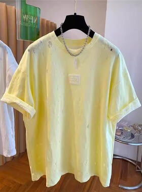 特大码胖MM300斤欧货镂空黄色短袖t恤女夏新款显瘦遮肚子半袖上衣