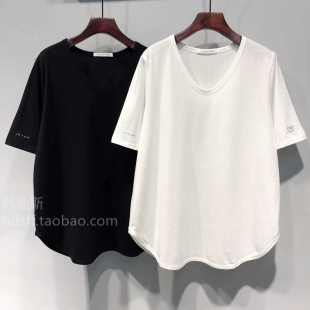 衫 加大码 宽松显瘦半袖 T恤女夏季 240斤胖mm不规则下摆V领纯色短袖