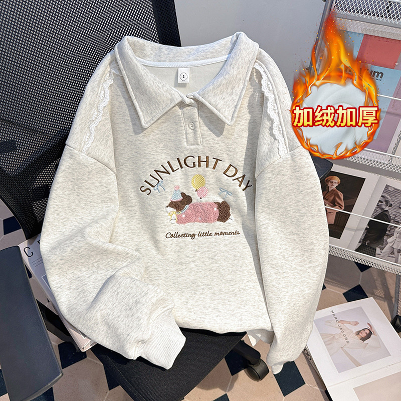 学生少女字母卡通刺绣POLO领加绒卫衣女秋冬季别致蕾丝拼接上衣衫
