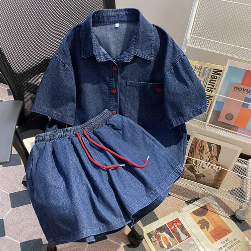 特大码300斤韩版复古胖mm牛仔短袖短裤时尚套装女夏季显瘦两件套