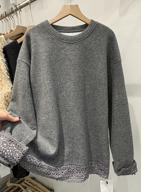 胖mm正肩灰色蕾丝德绒拼接长袖T恤女秋冬加厚打底衫240斤保暖上衣