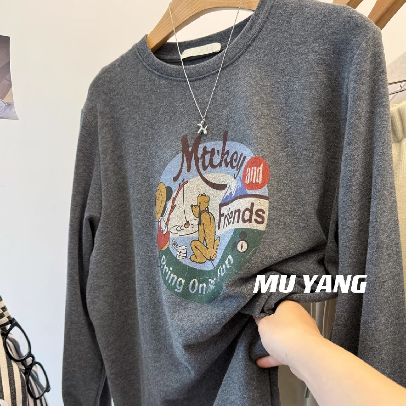 胖mm240斤大码韩系休闲松弛感印花德绒长袖T恤女士秋冬磨毛打底衫