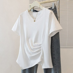 显瘦百搭T恤衫 上衣女夏季 韩系不规则褶皱正肩短袖 胖妹妹200斤大码