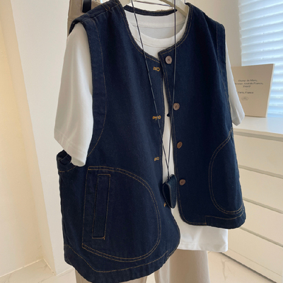 特大码300斤日杂风复古圆领牛仔马甲女秋季显瘦叠穿休闲无袖上衣