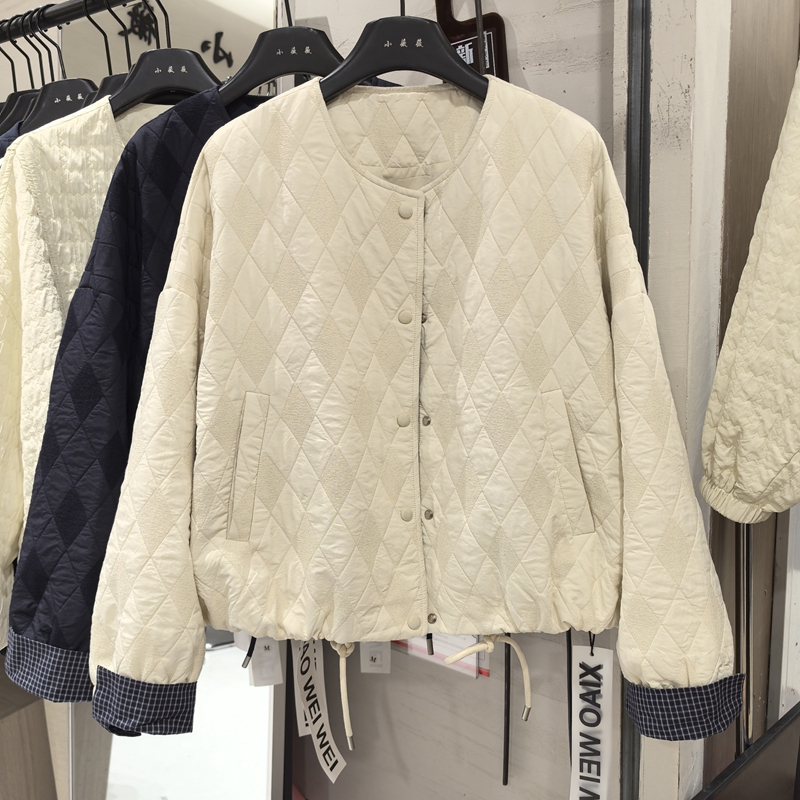 欧洲站大码200斤夹棉高级感菱形格开衫外套女上衣秋冬季宽松棉服