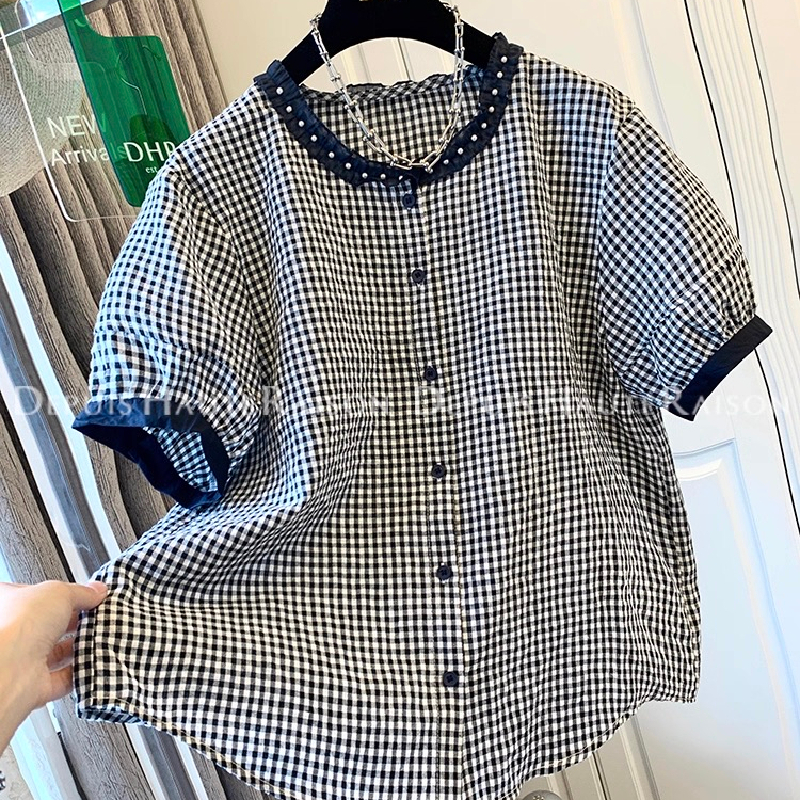胖妹妹大码法式格子珍珠泡泡袖短袖衬衫女装夏季气质显瘦漂亮上衣