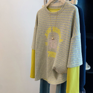 T恤女秋季 印花休闲条纹拼接假两件长袖 宽松上衣 美式 胖mm200斤大码