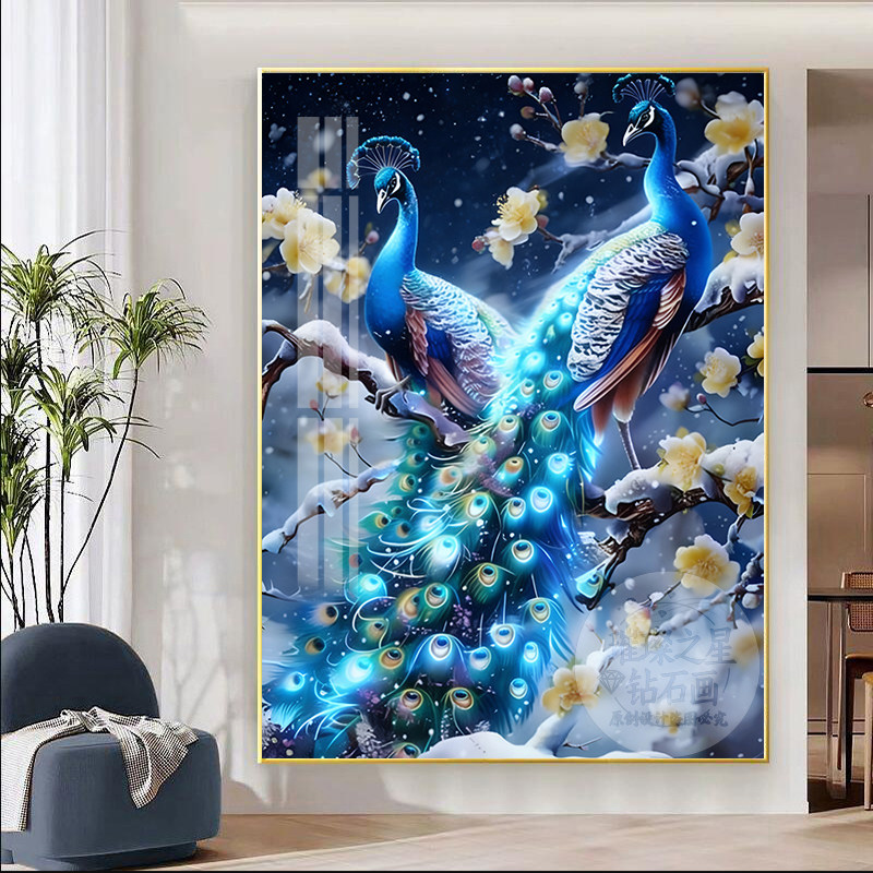 雪中蓝孔雀钻石绣客厅风景
