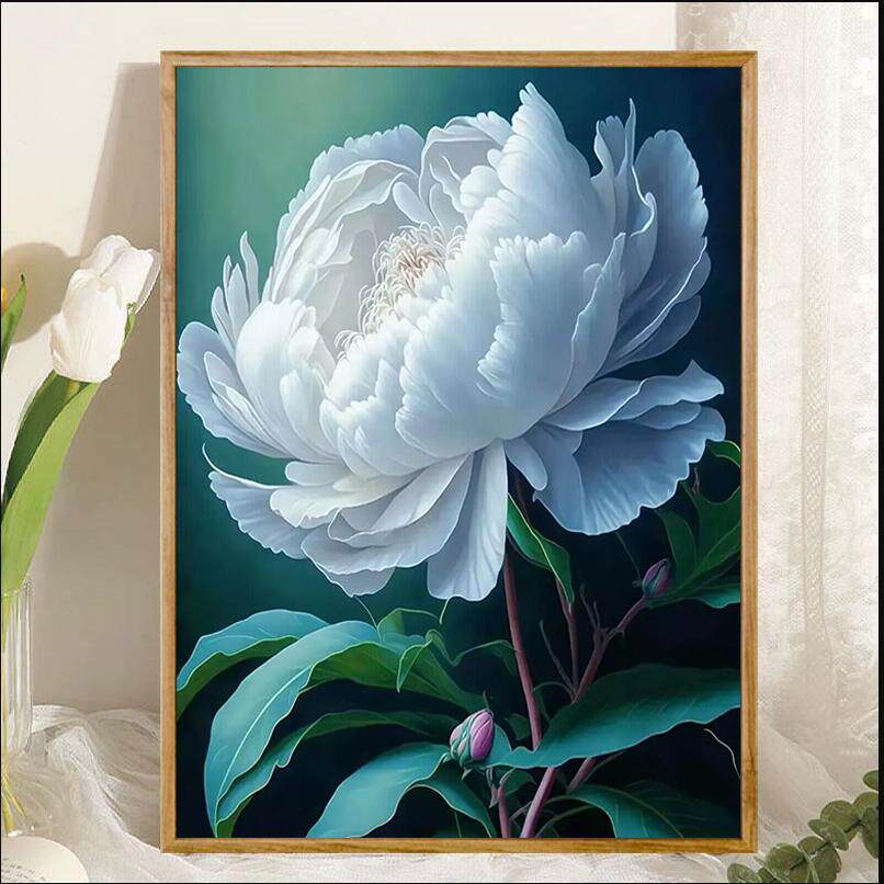 钻石画白色牡丹花手工粘钻十字绣客厅简单小幅2024新款满钻高级感