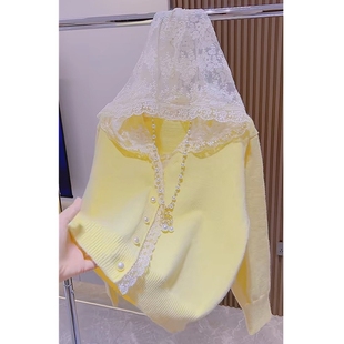 春季 珍珠扣毛衣外套 甜美蕾丝拼接针织开衫 连帽上衣女春秋2025时尚