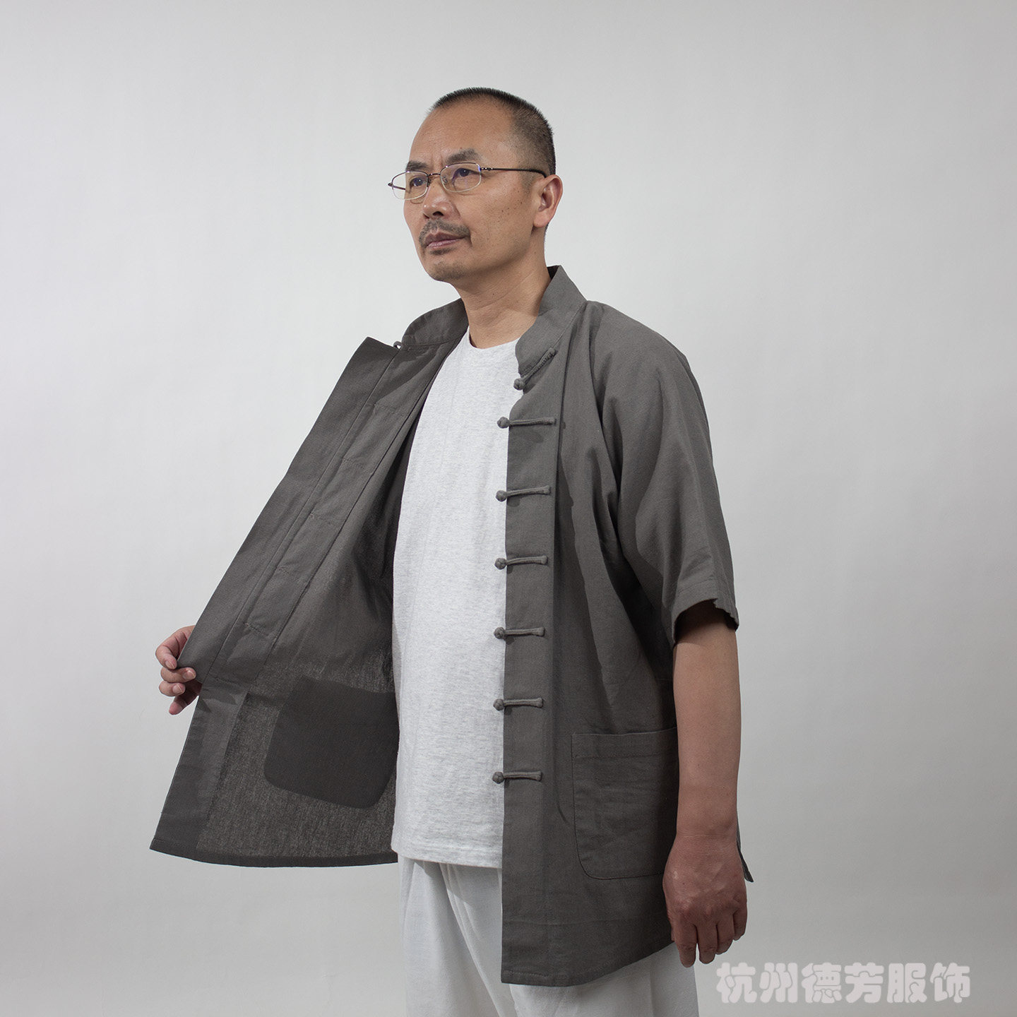 民国灰色对襟唐装手工盘扣男短袖