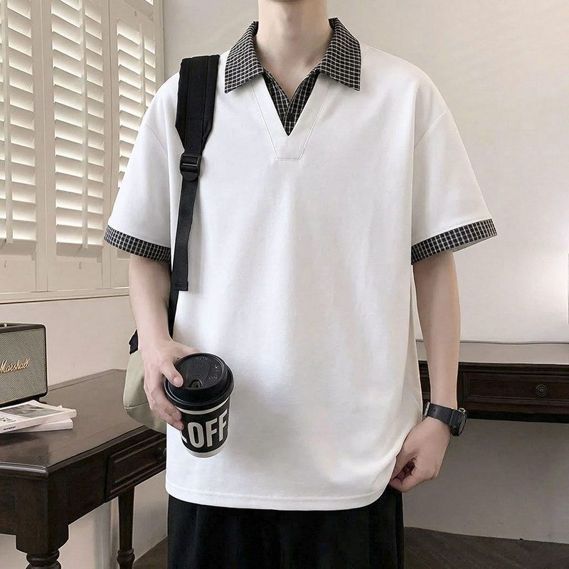 港式假两件衬衫领短袖男夏季潮青少年阳光半袖休闲宽松学院风透气