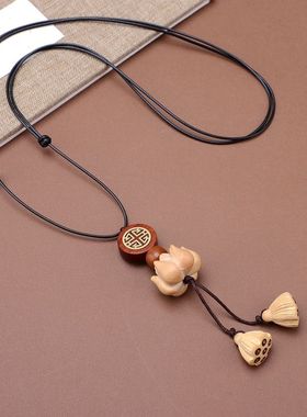 黄杨木清雅莲花吊坠项链古