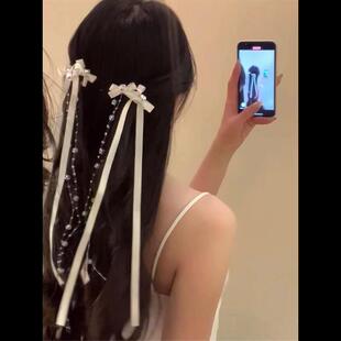 超仙!甜系学妹白色丝带琉璃飘带串珠长流苏甜美发夹氛围感发饰