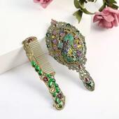 生日礼物手持式 随身便携孔雀手柄镜子套装 复古化妆镜梳子套装 中式