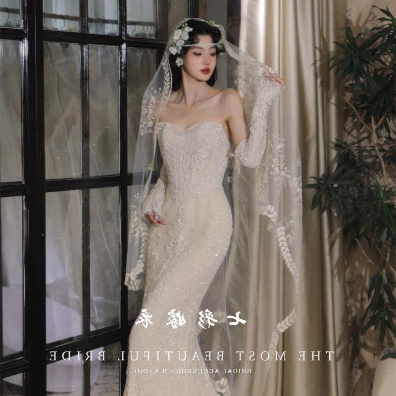 复古蕾丝花边头纱新娘主婚纱头纱余爱多瑙河同款新娘超仙高级头饰