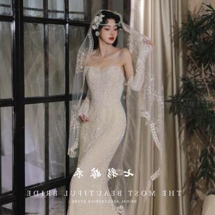 复古蕾丝花边头纱新娘主婚纱头纱余爱多瑙河同款新娘超仙高级头饰