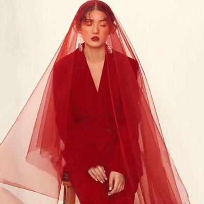 新娘秀禾中式红色遮面盖头头纱裸纱长款摄影写真森系简约软纱